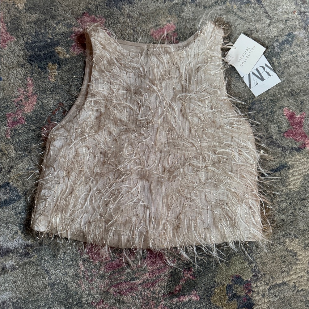 Zara Beige Feathered Crop Top